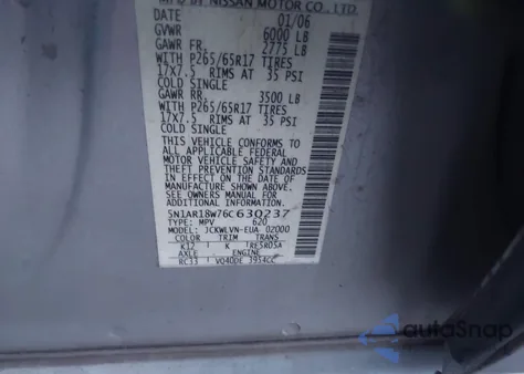 2006 Nissan Pathfinder Le from USA, damaged, VIN 5N1AR18W76C630237